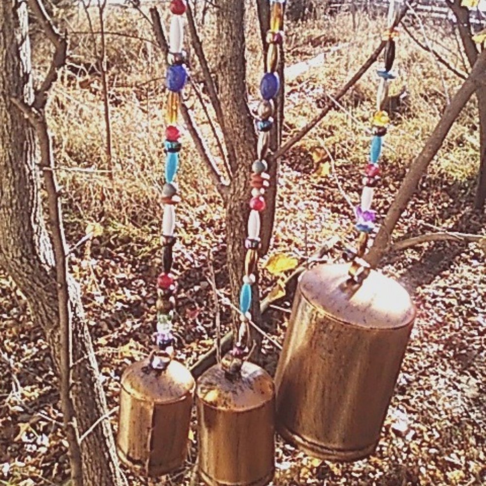 Beaded Wind Chime 3 Rustic Farmhouse Cow Bells Handmade One of A Kind New